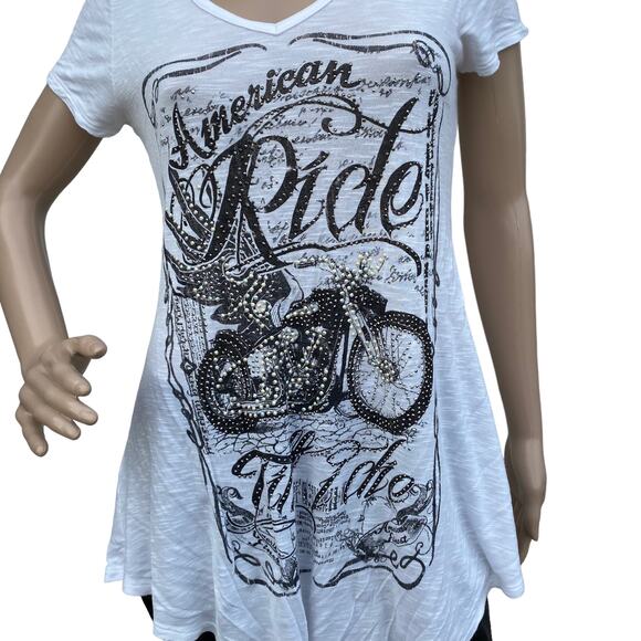 Vocal Women's White Burnout Rhinestones Studded Asymmetrical Hem Tee Shirt L - Picture 3 of 6